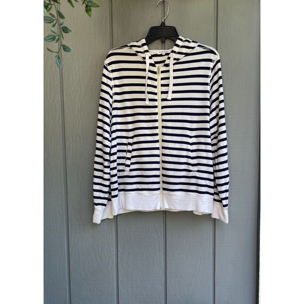 Navy White Striped Full Zip Hoodie Size L